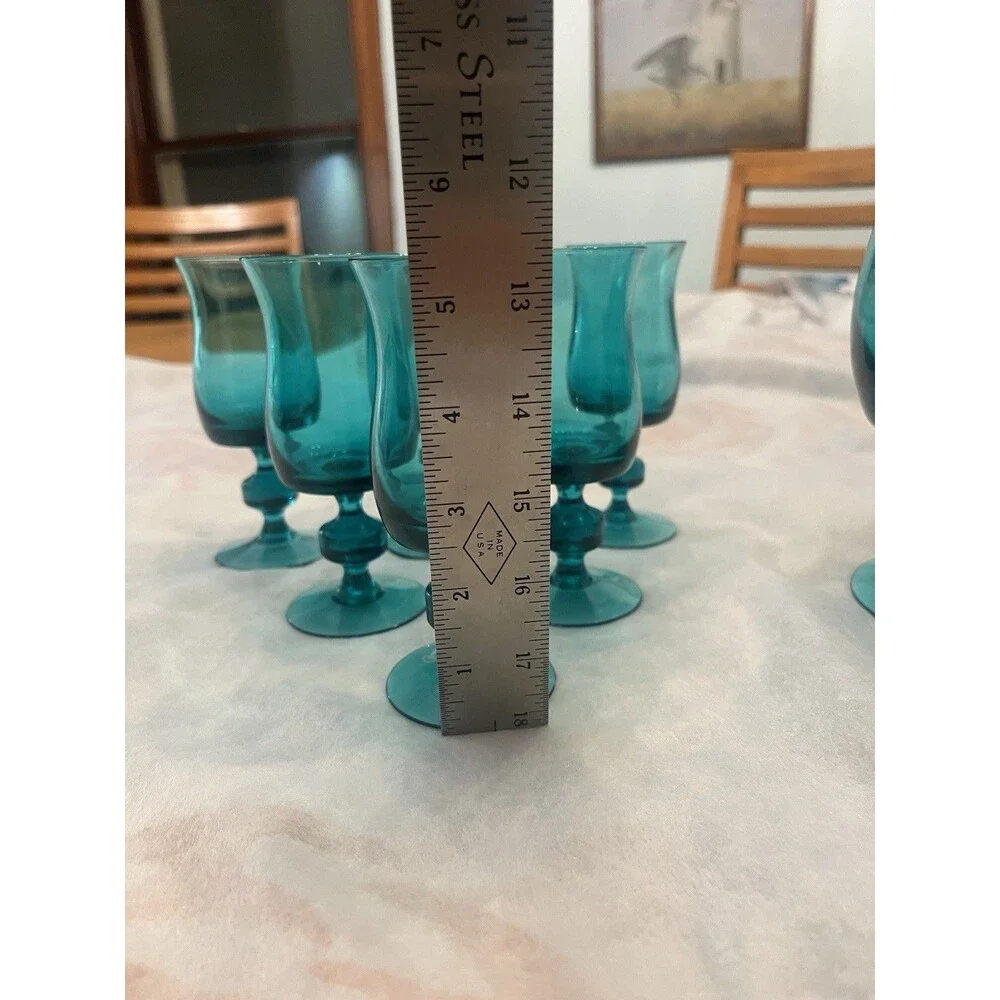 Vintage Teal Blue Art Glass 1 Decanter 6 Wine Glass Very Beautiful Rare!